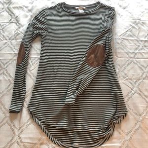 Olive green striped top with suede elbow patches